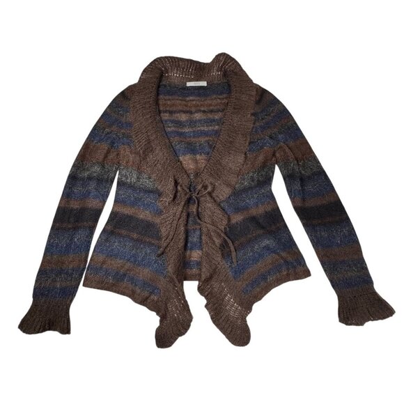 Y2K 90s Mohair Cardigan Sz.M Striped Ruffle Brown Whimsigoth Fairy Grunge Boho - Picture 5 of 14